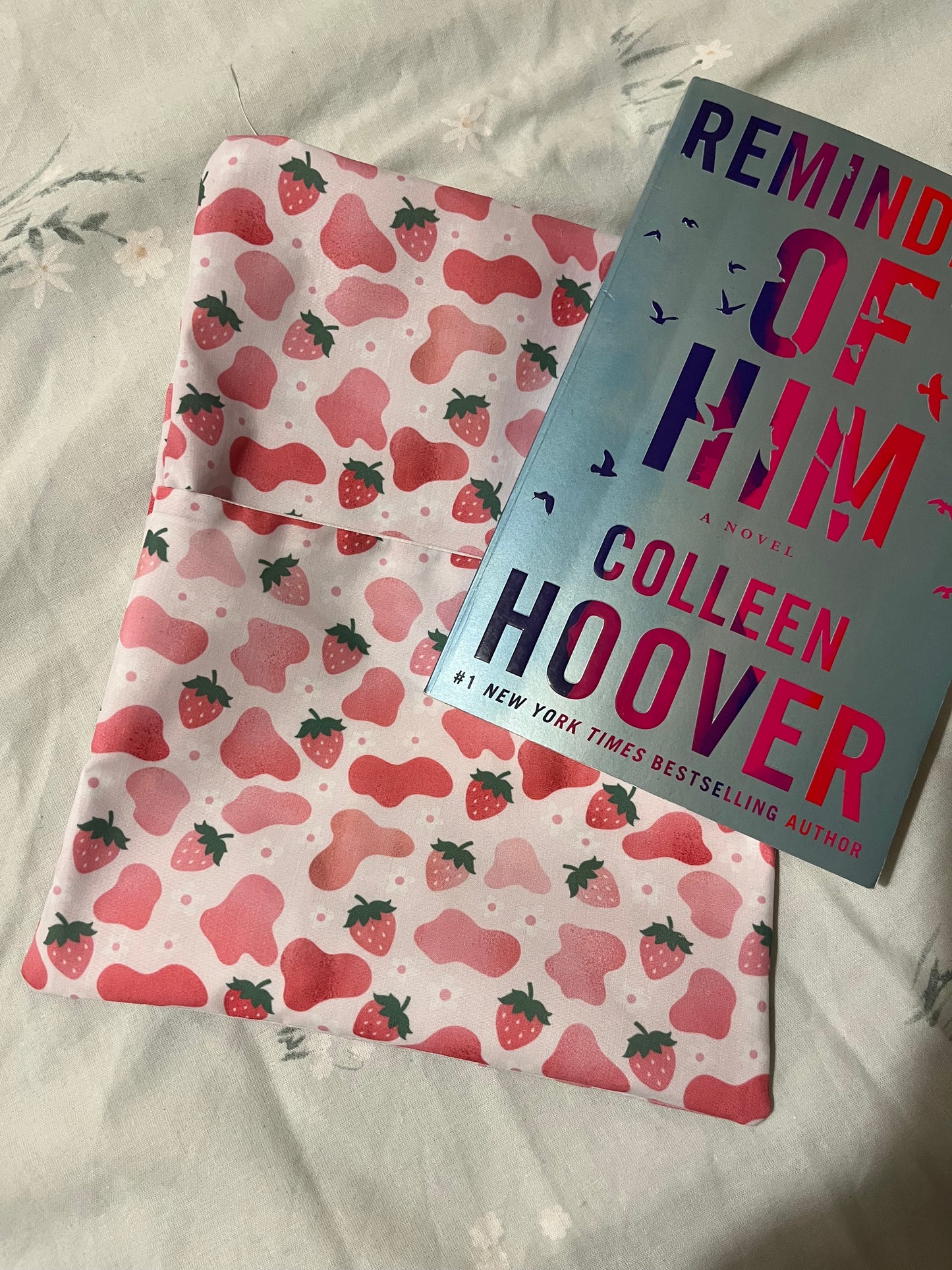 Pink strawberry cow print book sleeve