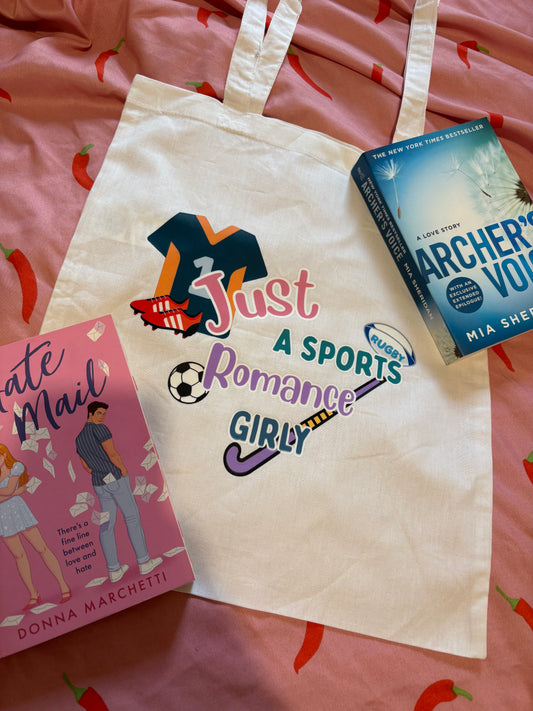 Sports romance tote bag